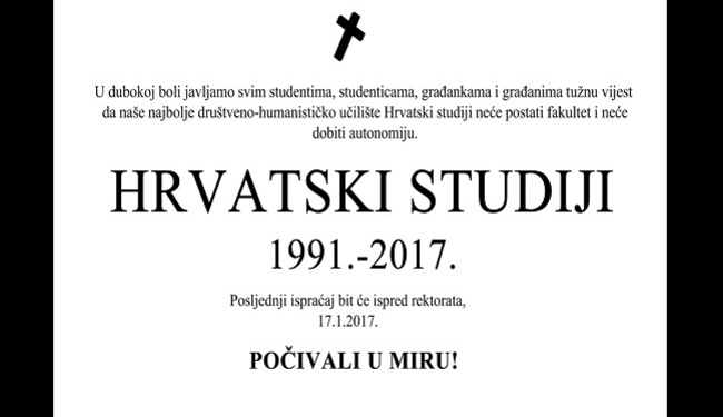 OSMRTNICA ZA HRVATSKE STUDIJE: Studenti zovu na posljednji ispraćaj ispred rektorata Sveučilišta