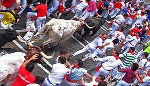 LUPIGA U PAMPLONI: Rijeke ljudi skandiraju „došli smo se napit'“, a pod rogovima stradavaju pijani stranci