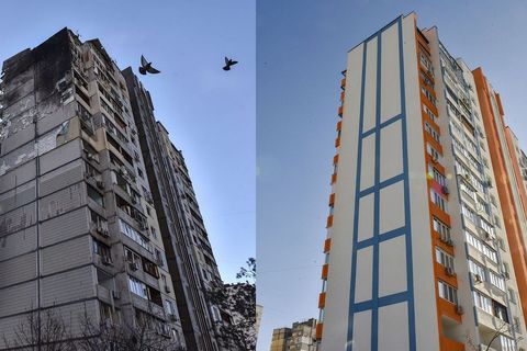 Neboder u Kijevu 17.3.2022. i 11.2.2023. (FOTO: HINA/EPA/Oleg Petrašik)