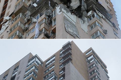 Neboder u Kijevu 26.2.2022. i 11.2.2023. (FOTO: HINA/EPA/SergejDolženko)