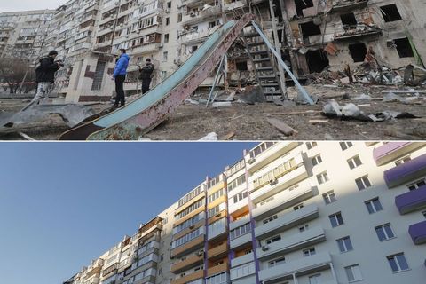 Zgrada u Kijevu 25.2.2022. i 21.2.2023. (FOTO: HINA/EPA/SergejDolženko)