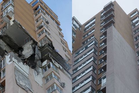 Neboder u Kijevu 26.2.2022. i 11.2.2023. (FOTO: HINA/EPA/SergejDolženko)